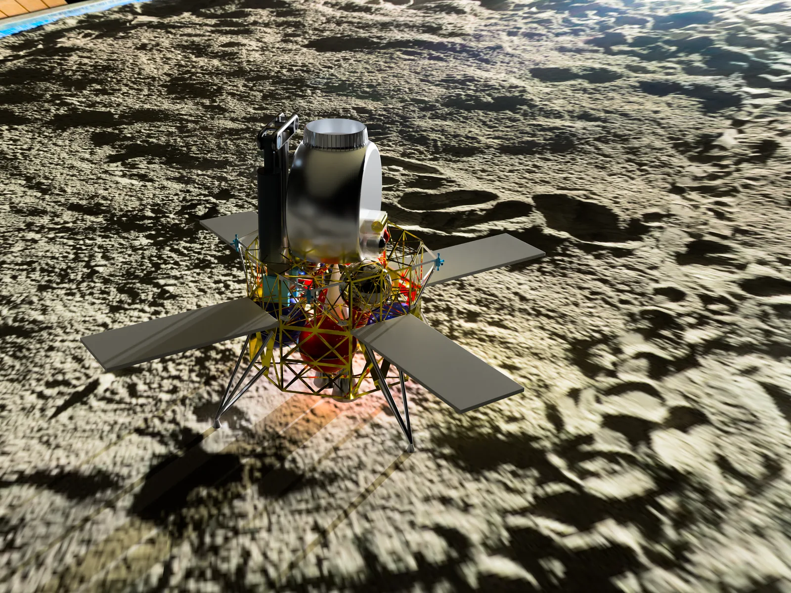 Lunar lander CAD model rendered approaching a cratered lunar surface during descent