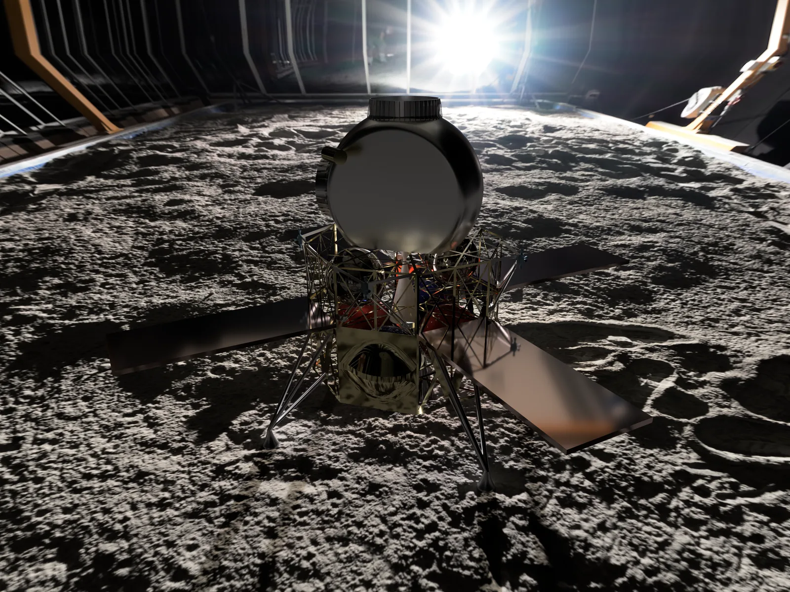 Full lunar lander CAD assembly showing propulsion module, truss structure, and folding panels