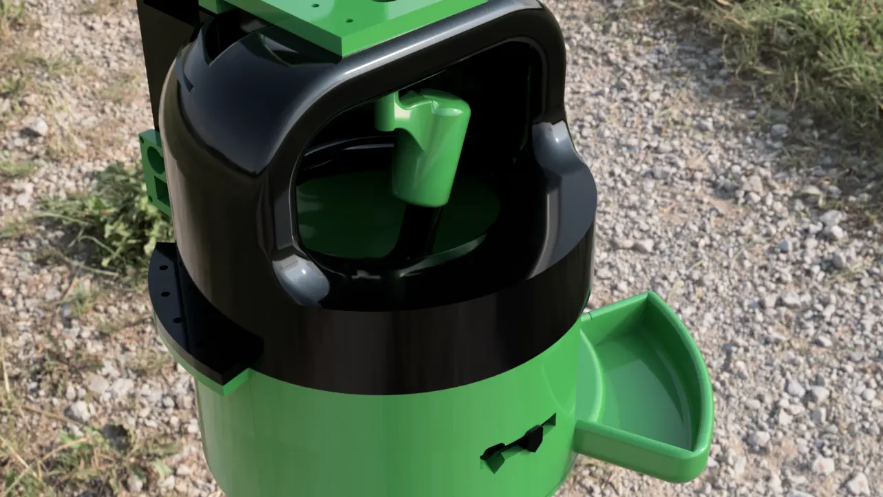 CAD render of Nifty Sifty, a green and black motorized archaeological sifter with a side artifact chute