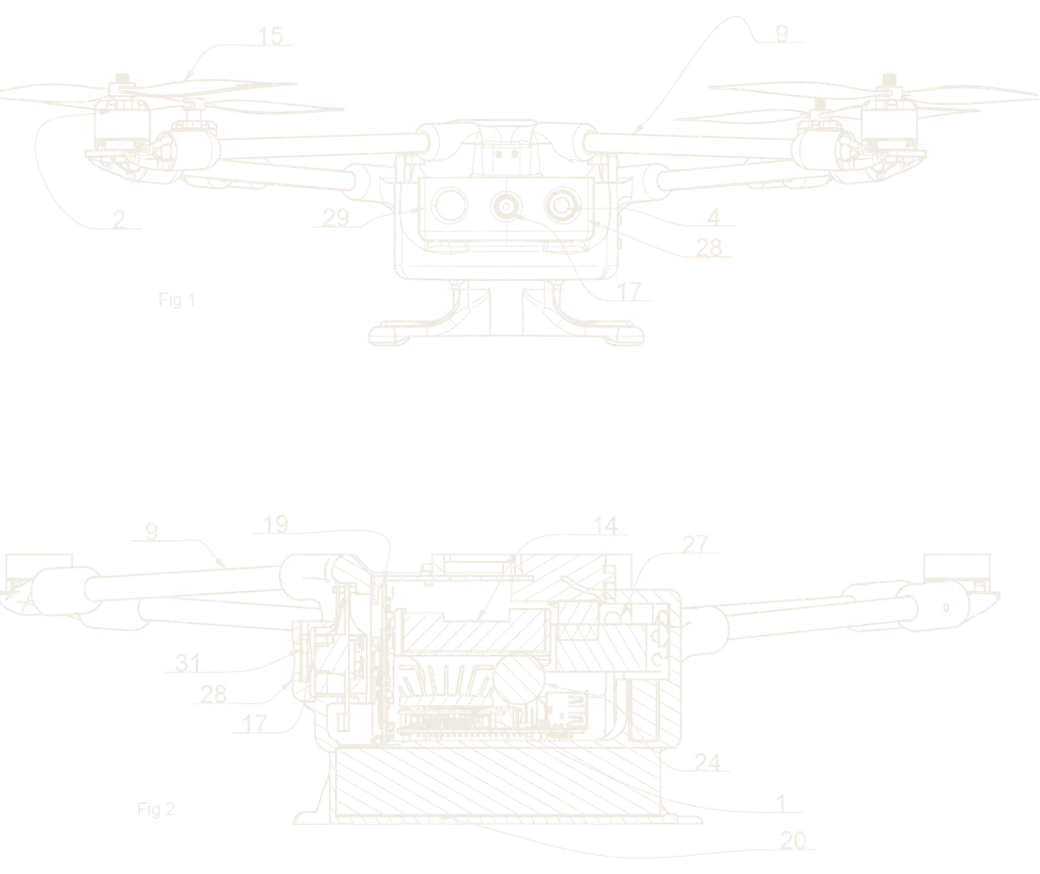 Patent drawing Figures 1 and 2 of the Phoenix Inferno drone: a front view and a cross-section showing numbered internal components