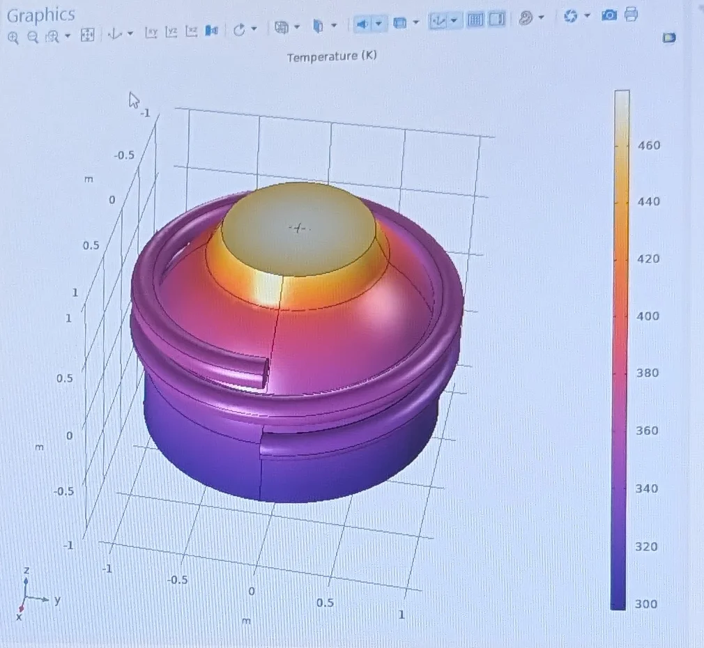COMSOL Multiphysics thermal simulation of a capsule-shaped model showing temperature distribution from 300K to 460K